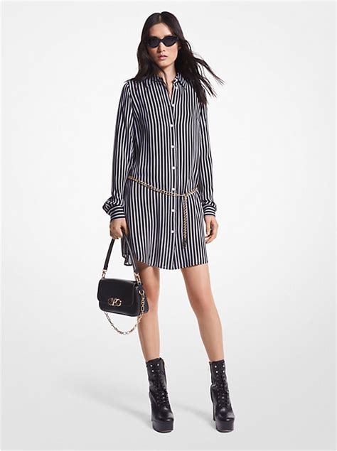 Striped Georgette Belted Shirtdress 